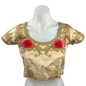 Gold Silk Satin Sequin Rhinestone Embroidered Indian Floral Saree Blouse Top S